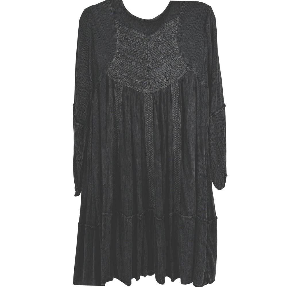 Kings Road XL Washed Gray Crochet Lace Boho Babydoll Tiered Rayon Dress Long Slv - Picture 2 of 15